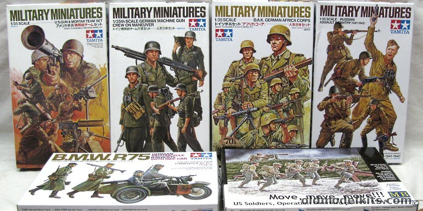 Tamiya 1/35 BMW Motorcycle with 4 Crew / Russian Assault Infantry / D.A.K. German Africa Corps / German Machine Gun Crew On Maneuver / US Gun and Mortar Team Set / MB US Soldiers Operation Overlord Period 1944 plastic model kit